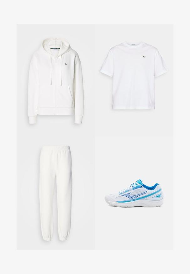 Hanorac alb cu fermoar, realizat dintr-un material moale, având glugă, buzunare tip cangur și un mic logo verde Lacoste pe partea stângă a pieptului.; Tricou alb din bumbac, cu gât rotund și mâneci scurte. Prezintă un logo brodat verde pe piept. Textură moale, croială lejeră.; Pantaloni de trening albi dintr-un material tricotat moale. Talie și manșete elastice pentru un confort sporit. Design minimalist, fără modele sau accente vizibile.; Încălțăminte sport albă cu accente albastre, din materiale umplute și sintetice, vârf rotund, laterale texturate și sistem de închidere cu șireturi.