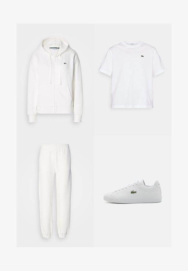 Biała bluza z kapturem na zamek, wykonana z miękkiego materiału, z kapturem, kieszeniami typu kangur i małym zielonym logo Lacoste na lewym piersi.; Biała bawełniana koszulka z okrągłym dekoltem i krótkimi rękawami. Posiada zielone haftowane logo na piersi. Miękka tekstura, luźny krój.; Białe dresy ze softshelowego materiału, z elastycznym pasem i mankietami, które zapewniają luźny krój. Minimalistyczny design, bez widocznych wzorów czy akcentów.; Białe skórzane sneakersy z okrągłym noskiem, wiązaniem, wyszywanym zielonym logo krokodyla oraz teksturowaną gumową podeszwą.