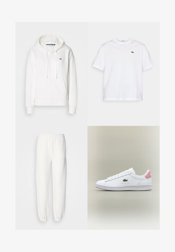 Hvit zip-genser laget av myk stoff, med hette, kenguru-lommer og en liten grønn Lacoste-logo på venstre bryst.; Hvit bomull T-skjorte med rund hals og korte ermer. Har en grønn brodert logo på brystet. Myk tekstur, avslappet passform.; Hvite joggebukser laget av myk, strikket stoff. Elastisk midje og mansjetter gir en avslappet passform. Minimalistisk design, ingen synlige mønstre eller detaljer.; Hvit lær sneakers med rosa hælforsterkning, med grønt logo og snøringsdesign. Glatt tekstur, avrundet tå og gummisåle.