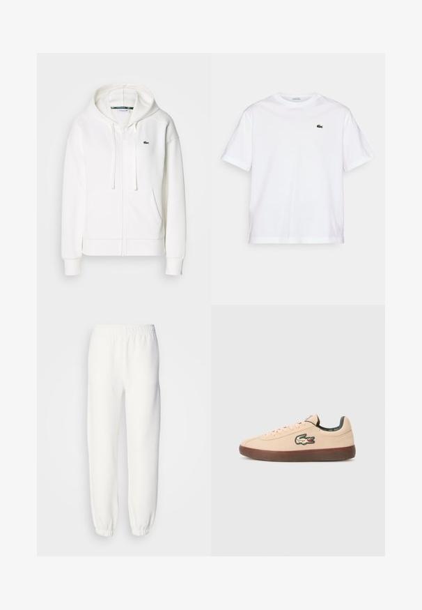 Biely zipsový mikina vyrobená z mäkkej tkaniny, s kapucňou, klokankovými vreckami a malým zeleným logom Lacoste na ľavej hrudi.; Biela bavlnená tričko s okrúhlym výstrihom a krátkymi rukávmi. Obsahuje zelené vyšívané logo na hrudi. Mäkka textúra, voľný strih.; Biele tepláky vyrobené z mäkkej pletenej tkaniny. Elastický pás a manžety zabezpečujú uvoľnené nosenie. Minimalistický dizajn, bez viditeľných vzorov alebo akcentov.; Lacoste BASESHOT - Tenisky - beige