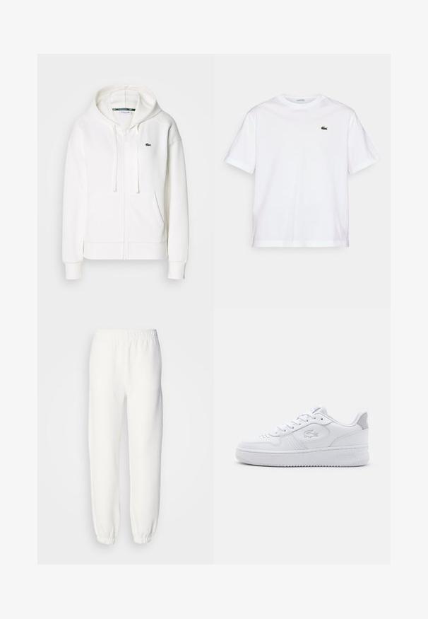 Hvit zip-genser laget av myk stoff, med hette, kenguru-lommer og en liten grønn Lacoste-logo på venstre bryst.; Hvit bomull T-skjorte med rund hals og korte ermer. Har en grønn brodert logo på brystet. Myk tekstur, avslappet passform.; Hvite joggebukser laget av myk, strikket stoff. Elastisk midje og mansjetter gir en avslappet passform. Minimalistisk design, ingen synlige mønstre eller detaljer.; Hvit idrettssko med glatt skinnoverdel, rund tå og snøring. Har preget logo og grå detalj på hælen. Flat gummisåle.