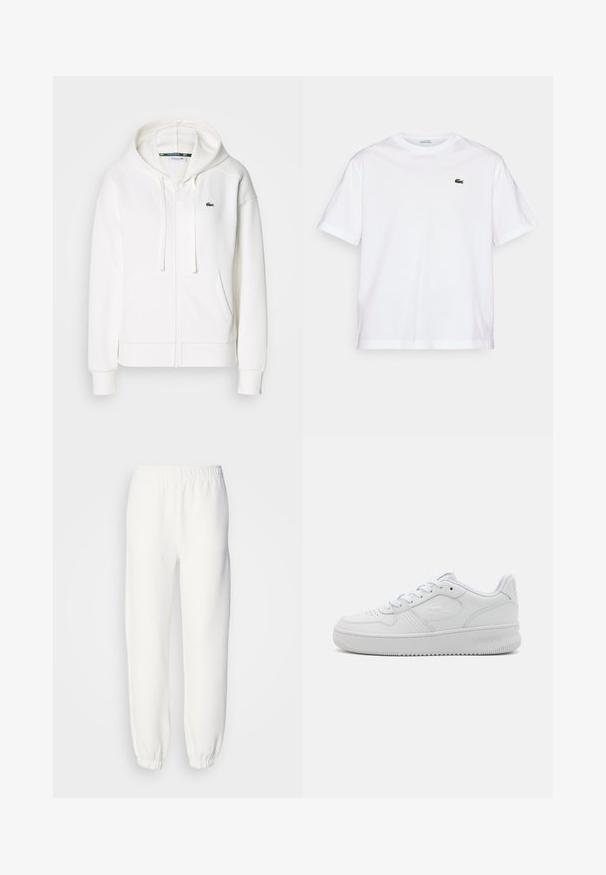 Λευκή φούτερ ζακέτα με μαλακό ύφασμα, διαθέτει κουκούλα, τσέπες καγκουρό και ένα μικρό πράσινο λογότυπο Lacoste στο αριστερό στήθος.; Λευκό βαμβακερό T-shirt με στρογγυλή λαιμόκοψη και κοντά μανίκια. Διαθέτει ένα πράσινο κεντημένο λογότυπο στο στήθος. Μαλακή υφή, άνετη εφαρμογή.; Λευκά φόρμας από μαλακό, πλεγμένο ύφασμα. Ελαστική μέση και μανσέτες προσφέρουν άνετη εφαρμογή. Μινιμαλιστικός σχεδιασμός, χωρίς ορατά σχέδια ή αξεσουάρ.; Λευκά δερμάτινα αθλητικά παπούτσια με χαμηλή σχεδίαση, υφασμάτινη επιφάνεια, στρογγυλή μύτη, τρύπες για αναπνοή και ανάγλυφο λογότυπο στο πλάι.
