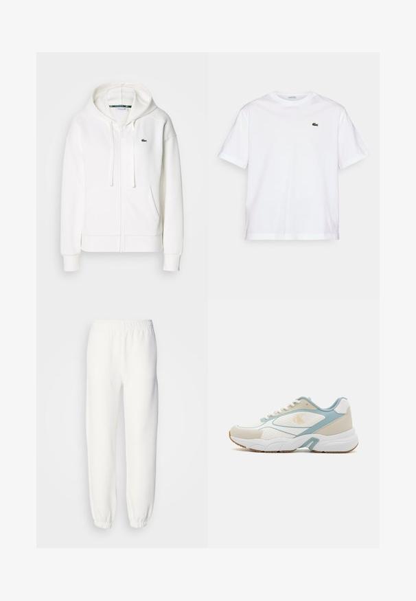 Bijela zip-up dukserica od mekanog materijala, s kapuljačom, kengur džepovima i malim zelenim Lacoste logom na lijevoj strani grudi.; Bijela pamučna majica s okruglim izrezom i kratkim rukavima. Ima zeleni izvezeni logo na prsima. Mekana tekstura, opušteni kroj.; Bijele dukserice od mekog, pletenog materijala. Elastična pojas i manžetne pružaju opuštenu siluetu. Minimalistički dizajn, bez vidljivih uzoraka ili detalja.; Bijele i svijetloplave tenisice izrađene od mrežastih i sintetičkih materijala, s teksturiranom potplatom, zaobljenim oblikom i uzorkovanim detaljima.
