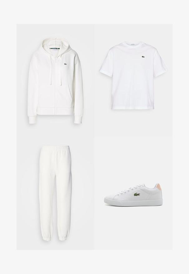 Hvit zip-genser laget av myk stoff, med hette, kenguru-lommer og en liten grønn Lacoste-logo på venstre bryst.; Hvit bomull T-skjorte med rund hals og korte ermer. Har en grønn brodert logo på brystet. Myk tekstur, avslappet passform.; Hvite joggebukser laget av myk, strikket stoff. Elastisk midje og mansjetter gir en avslappet passform. Minimalistisk design, ingen synlige mønstre eller detaljer.; Hvite lerretssko med rund tå, snøring og grønn brodert logo. Har en myk tekstur og en lyserosa hælakkent.