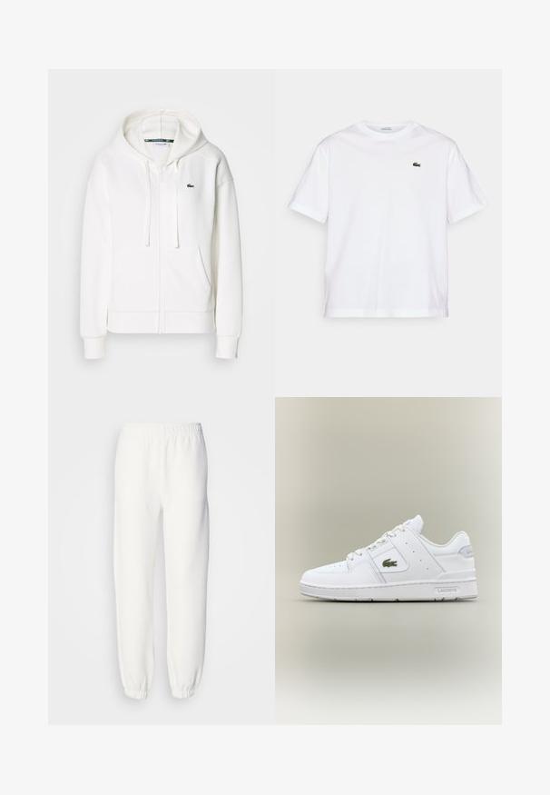 Vit zip-up hoodie gjord av mjukt tyg, med en huva, kängurufickor och en liten grön Lacoste-logga på vänster bröst.; Vitt bomull T-shirt med rund halsringning och korta ärmar. Har en grön broderad logga på bröstet. Mjukt material, avslappnad passform.; Vita sweatpants gjorda av mjukt, stickat tyg. Elastyband i midjan och vid ärmsluten ger en avslappnad passform. Minimalistisk design, utan synliga mönster eller dekorationer.; Vita lädersneakers med en slät textur, rund tå, perforerade detaljer, en grön krokodil-logotyp och "Lacoste"-märkning på sidan.