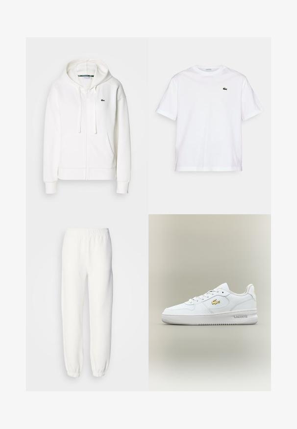 Balts zip-up kapuci džemperis, izgatavots no mīkstas auduma, ar kapuci, kangoru kabatām un mazu zaļu Lacoste logotipu kreisajā krūtī.; Balta kokvilnas T-kreklu ar apaļu kakla izgriezumu un īsām piedurknēm. Uz krūtīm ir zaļš izšūts logotips. Mīksta tekstūra, brīvi pieguļošs fasona.; Baltās sporta bikses, kas izgatavotas no mīksta adīta auduma. Elastīga josta un piedurknes nodrošina brīvu piegriezumu. Minimālistisks dizains, bez redzamām rakstu vai akcentu detaļām.; Baltas zems vadības Lacoste sneakers ar zelta logo sānos, baltajām auklām un gumijas zoli pret neitrālu fonu.