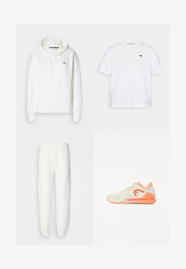 Sudadera blanca con cremallera hecha de tela suave, que cuenta con una capucha, bolsillos tipo canguro y un pequeño logo verde de Lacoste en el lado izquierdo del pecho.; Camiseta de algodón blanca con cuello redondo y mangas cortas. Presenta un logotipo bordado en verde en el pecho. Tejido suave, corte relajado.; Pantalones de chándal blancos hechos de un suave tejido de punto. La cintura y los puños elásticos ofrecen un ajuste relajado. Diseño minimalista, sin patrones o acentos visibles.; Zapatilla de tenis en color crema claro con parte superior de malla texturizada, acentos en melocotón y un logo distintivo. Presenta una suela de goma flexible para un mejor agarre.