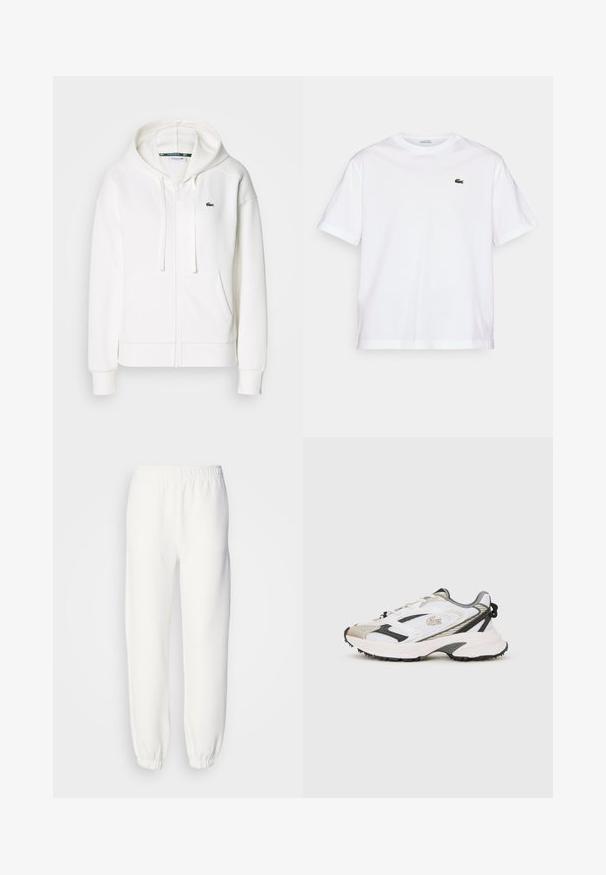 Valge lukuga kapuutsiga dressipluus, mis on valmistatud pehmest kangast. Sellel on kapuuts, konksukotid ja vasakul rinnal väike roheline Lacoste logo.; Valge puuvillane T-särk ümmarguse kaelusega ja lühikeste varrukatega. Rinnal on roheline tikandiga logo. Pehme tekstuur, vabalt langev lõige.; Valged dressipüksid pehmest kootud kangast. Elastne vöökoht ja mansetid tagavad mugava istuvuse. Minimalistlik disain, ilma silmapaistvate mustrite või aktsentideta.; Valged ja hallid tossud, millel on võrgusilm ülemine osa, mustad aktsendid ja tekstuuriga tallaosa. Omab paelu, brändingut ja kontrastseid kujunduselemente.