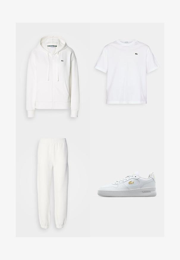 White zip-up hoodie made of soft fabric, featuring a hood, kangaroo pockets, and a small green Lacoste logo on the left chest.; White cotton T-shirt with a round neckline and short sleeves. Features a green embroidered logo on the chest. Soft texture, relaxed fit.; White sweatpants made of soft, knitted fabric. Elastic waistband and cuffs provide a relaxed fit. Minimalist design, no visible patterns or accents.; White leather sneaker with smooth texture, round toe, and lace-up front. Features gold Lacoste logo on side and heel. Rubber sole.