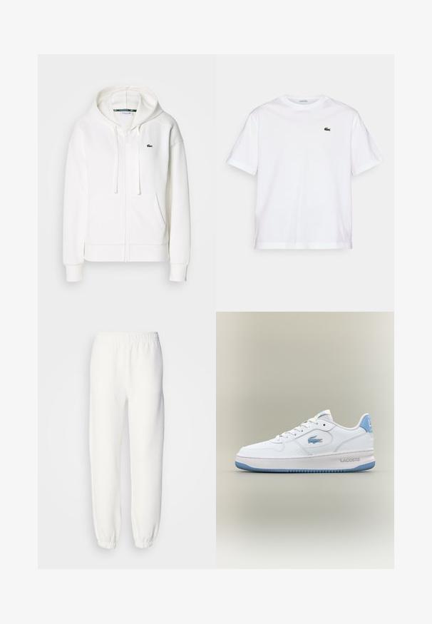 Λευκή φούτερ ζακέτα με μαλακό ύφασμα, διαθέτει κουκούλα, τσέπες καγκουρό και ένα μικρό πράσινο λογότυπο Lacoste στο αριστερό στήθος.; Λευκό βαμβακερό T-shirt με στρογγυλή λαιμόκοψη και κοντά μανίκια. Διαθέτει ένα πράσινο κεντημένο λογότυπο στο στήθος. Μαλακή υφή, άνετη εφαρμογή.; Λευκά φόρμας από μαλακό, πλεγμένο ύφασμα. Ελαστική μέση και μανσέτες προσφέρουν άνετη εφαρμογή. Μινιμαλιστικός σχεδιασμός, χωρίς ορατά σχέδια ή αξεσουάρ.; Λευκό sneaker Lacoste με απαλές μπλε λεπτομέρειες, με κορδόνια μπροστά και με το λογότυπο του κροκόδειλου στα πλάγια και στην φτέρνα, απομονωμένο σε ουδέτερο φόντο.