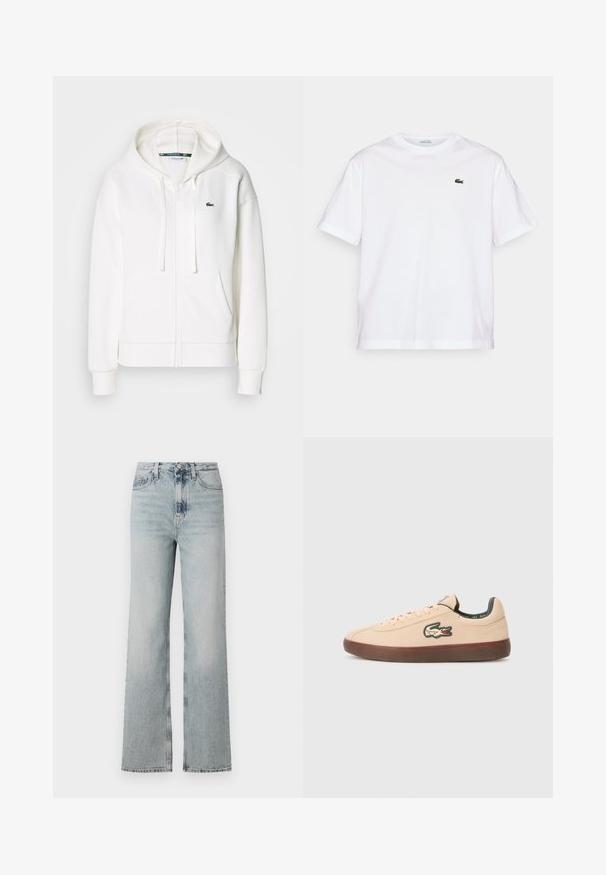Sweatshirt branca com fecho éclair, feita de um tecido macio, com capuz, bolsos tipo canguru e um pequeno logótipo verde da Lacoste no lado esquerdo do peito.; T-shirt de algodão branco com decote redondo e mangas curtas. Apresenta um logotipo bordado verde no peito. Textura suave, ajuste relaxado.; Jeans de denim azul claro de cintura alta, com uma silhueta de perna larga, apresentando cinco bolsos e um desbotado subtil ao longo do tecido.; Lacoste BASESHOT - Sapatilhas - beige