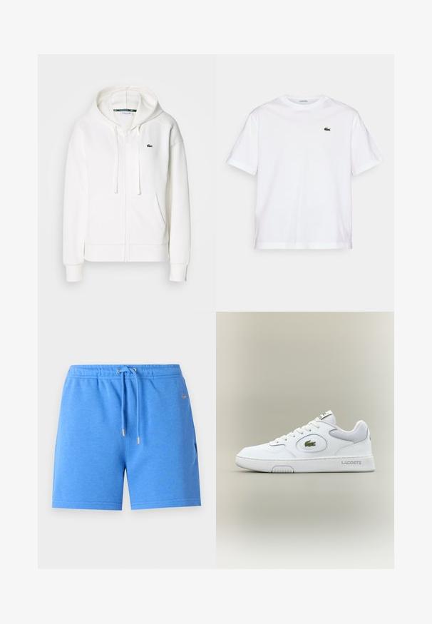 Balta užtrauktuku uždaroma hoodie pagaminta iš minkštos medžiagos, su kapišonu, kengūros kišenėmis ir mažuoju žaliuoju Lacoste logotipu kairėje krūtinės pusėje.; Balta medvilninė marškinė su apvalia iškirpte ir trumpomis rankovėmis. Pirmoje pusėje priklijuotas žalias siuvinėtas logotipas. Minkšta tekstūra, laisvas siluetas.; Mėlyni medvilniniai šortai su elastingu juosmeniu, raišteliu ir auksinėmis detalėmis. Turi lygų paviršių ir šonines kišenes.; Balti odiniai sportbačiai su tinkliniu akcentu, apvaliu nosiu ir plokščiomis raištelėmis. Ant kulno yra žalias krokodilo logotipas ir "LACOSTE" prekės ženklas.