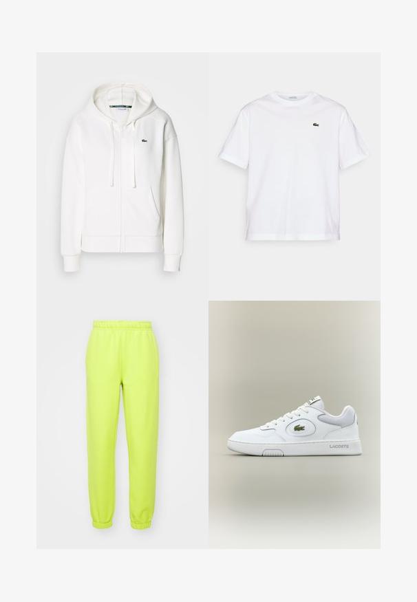 Fehér cipzáras kapucnis pulóver, puha anyagból, kapucnival, kenguru zsebekkel és egy kis zöld Lacoste logóval a bal mellen.; Fehér pamut póló, kerek nyakkivágással és rövid ujjakkal. A mellkason zöld hímzett logóval rendelkezik. Puha tapintású, laza szabású.; Neon zöld melegítőnadrág rugalmas derékkal, szűkülő mandzsettákkal és puha, sima felülettel. Alkalmas hétköznapi viseletre vagy edzésre.; Fehér bőr sneaker hálós részletekkel, kerek orral és lapos fűzőkkel. Zöld krokodil logóval és "LACOSTE" felirattal a saroknál.