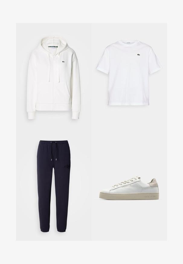 Sweatshirt branca com fecho éclair, feita de um tecido macio, com capuz, bolsos tipo canguru e um pequeno logótipo verde da Lacoste no lado esquerdo do peito.; T-shirt de algodão branco com decote redondo e mangas curtas. Apresenta um logotipo bordado verde no peito. Textura suave, ajuste relaxado.; Sweatpants azul-marinho feitos de tecido suave, apresentando uma cintura elástica com cordão e um logo bordado numa das pernas.; Sapatilha de couro branca com um acabamento suave, detalhes em camurça bege, bico redondo, design de atacador plano e sola de borracha texturizada.
