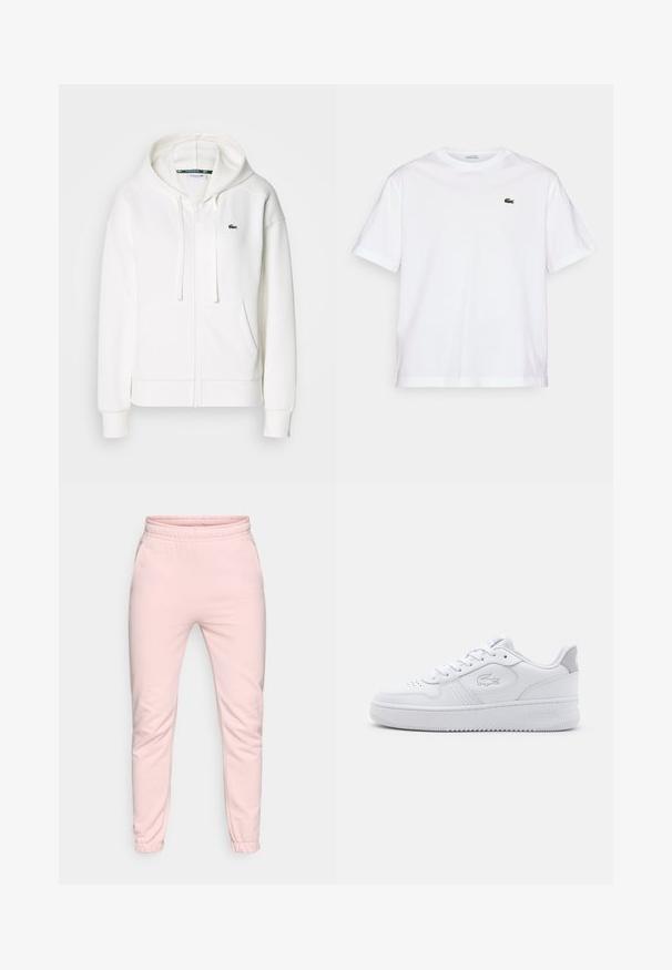 Bela zip-up kapuca iz mehkega materiala, z kapuco, kenguru žepi in majhnim zelenim Lacoste logotipom na levi strani prsnega koša.; Bela bombažna majica s krožno ovratnikom in kratkimi rokavi. Ima zeleno vezeno logo na prsih. Mehka tekstura, sproščen kroj.; Svetlo roza trenirke iz mehkega materiala, z elastičnim pasom, zoženimi hlačnicami in elastičnimi manšetami na gležnjih. Dva stranska žepa.; Bela atletska tenisica z gladkim usnjenim zgornjim delom, okroglo kapico in vezalnim zapiranjem. Ima embosirano logo in sivo oznako na peti. Ravna gumijasta podplat.