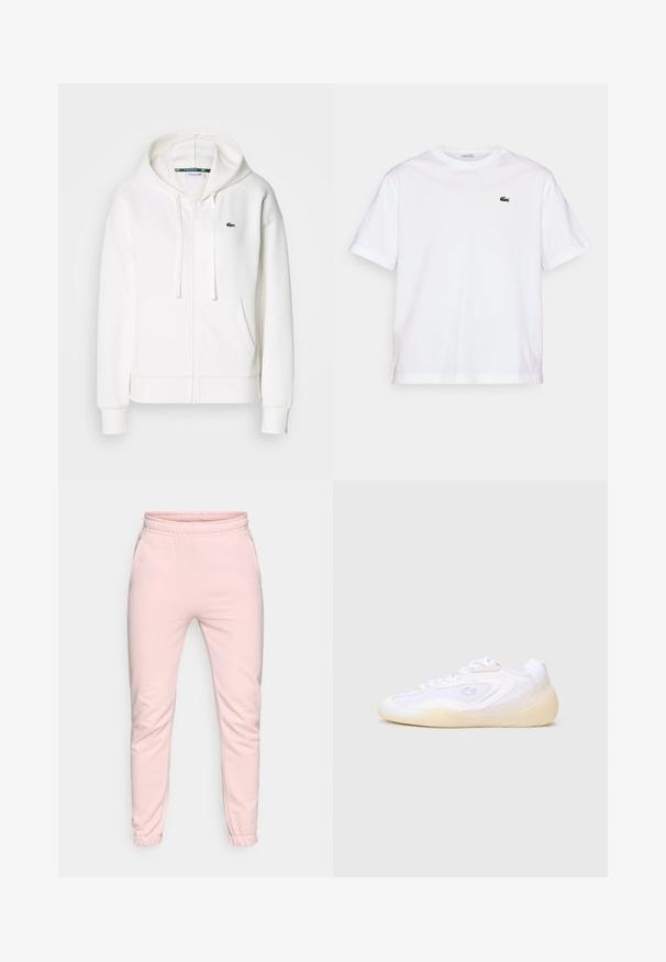 Balts zip-up kapuci džemperis, izgatavots no mīkstas auduma, ar kapuci, kangoru kabatām un mazu zaļu Lacoste logotipu kreisajā krūtī.; Balta kokvilnas T-kreklu ar apaļu kakla izgriezumu un īsām piedurknēm. Uz krūtīm ir zaļš izšūts logotips. Mīksta tekstūra, brīvi pieguļošs fasona.; Gaiši rozā sporta bikses, izgatavotas no mīksta auduma, ar elastīgu jostu, sašaurinātām kājām un elastīgiem aproces pie potītēm. Divas sānu kabatas.; Baltas sporta apavi ar bēša krāsas zoli, ar virknes savilkšanu, teksturētu audumu un nelielu krokodila logotipu sānos.