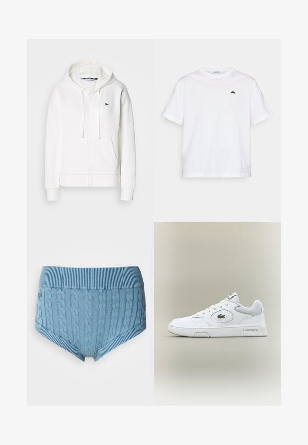 White zip-up hoodie made of soft fabric, featuring a hood, kangaroo pockets, and a small green Lacoste logo on the left chest.; White cotton T-shirt with a round neckline and short sleeves. Features a green embroidered logo on the chest. Soft texture, relaxed fit.; Light blue cotton briefs with a ribbed waistband and cable-knit texture. Front and back feature horizontal stripes at the edges.; White leather sneaker with mesh accents, round toe, and flat laces. Features a green crocodile logo and "LACOSTE" branding on the heel.