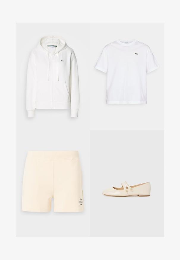 Balta užtrauktuku uždaroma hoodie pagaminta iš minkštos medžiagos, su kapišonu, kengūros kišenėmis ir mažuoju žaliuoju Lacoste logotipu kairėje krūtinės pusėje.; Balta medvilninė marškinė su apvalia iškirpte ir trumpomis rankovėmis. Pirmoje pusėje priklijuotas žalias siuvinėtas logotipas. Minkšta tekstūra, laisvas siluetas.; Šviesiai kreminės spalvos medvilniniai šortai su minkšta tekstūra, ant apatinės dešinės pusės esantis logotipo detalė; paprasta, prigludusi forma su juosmeniu.; Kremo spalvos patentinės odos balerinų bateliai su dviem dekoratyviniais dirželiais ir auksinėmis sagutėmis, su apvaliu pirštu ir žemu blokuotu kulnu.