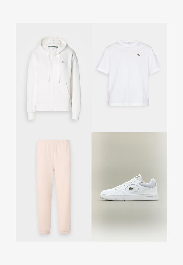 Fehér cipzáras kapucnis pulóver, puha anyagból, kapucnival, kenguru zsebekkel és egy kis zöld Lacoste logóval a bal mellen.; Fehér pamut póló, kerek nyakkivágással és rövid ujjakkal. A mellkason zöld hímzett logóval rendelkezik. Puha tapintású, laza szabású.; Rózsaszín, laza pizsamanadrág, rugalmas derékkal és fodros szegéllyel, puha pamut keverékből készült, sima tapintással.; Fehér bőr sneaker hálós részletekkel, kerek orral és lapos fűzőkkel. Zöld krokodil logóval és "LACOSTE" felirattal a saroknál.