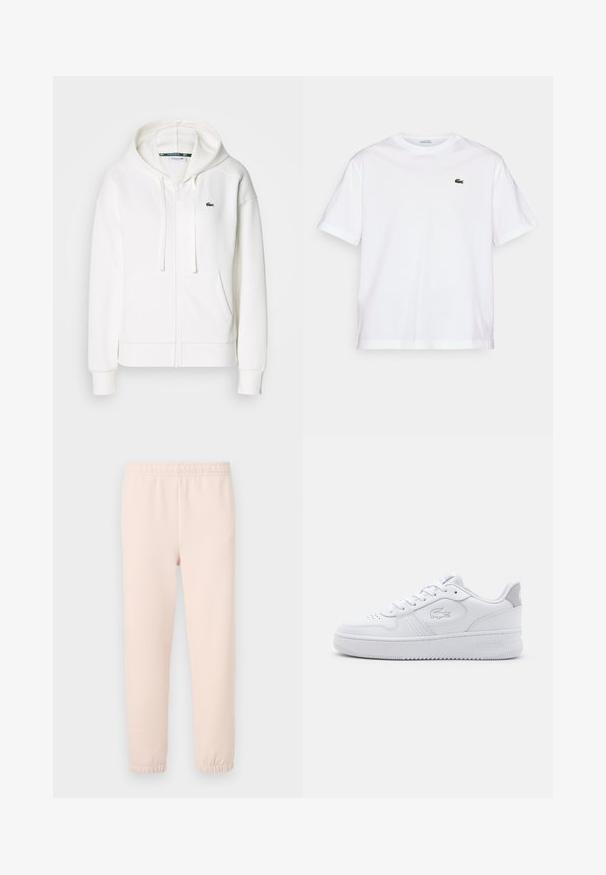 Biely zipsový mikina vyrobená z mäkkej tkaniny, s kapucňou, klokankovými vreckami a malým zeleným logom Lacoste na ľavej hrudi.; Biela bavlnená tričko s okrúhlym výstrihom a krátkymi rukávmi. Obsahuje zelené vyšívané logo na hrudi. Mäkka textúra, voľný strih.; Svetloružové tepláky s elastickým pásom a zúženými manžetami, vyrobené z mäkkej zmesi bavlny s hladkou štruktúrou.; Biele atletické tenisky s hladkým koženým svrškom, okrúlym špičkou a šnurovaním. Obsahujú embosované logo a šedý akcent na päte. Rovná gumová podrážka.