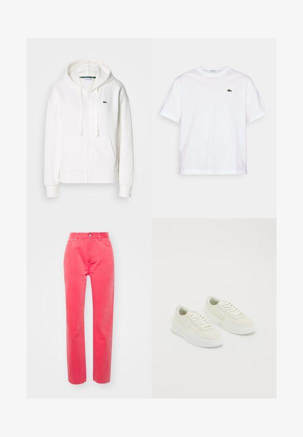Fehér cipzáras kapucnis pulóver, puha anyagból, kapucnival, kenguru zsebekkel és egy kis zöld Lacoste logóval a bal mellen.; Fehér pamut póló, kerek nyakkivágással és rövid ujjakkal. A mellkason zöld hímzett logóval rendelkezik. Puha tapintású, laza szabású.; Rózsaszín pamut nadrág egyenes szabással, gombos és cipzáros záródással, öt zsebbel és steppelt varrással.; Fehér, alacsony szárú sportcipők vastag talppal és fűzővel, oldalán és orrán perforált részletekkel, fehér háttéren bemutatva.