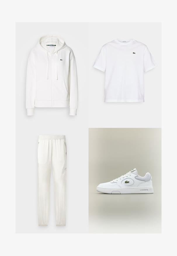 Sudadera blanca con cremallera hecha de tela suave, que cuenta con una capucha, bolsillos tipo canguro y un pequeño logo verde de Lacoste en el lado izquierdo del pecho.; Camiseta de algodón blanca con cuello redondo y mangas cortas. Presenta un logotipo bordado en verde en el pecho. Tejido suave, corte relajado.; Joggers de crema clara con cinturilla elástica, puños ajustados, bolsillos laterales y detalles con cremallera. Acabado de tela suave y ligeramente brillante.; Zapatilla blanca de cuero con detalles de malla, punta redonda y cordones planos. Presenta un logo de cocodrilo verde y la marca "LACOSTE" en el talón.