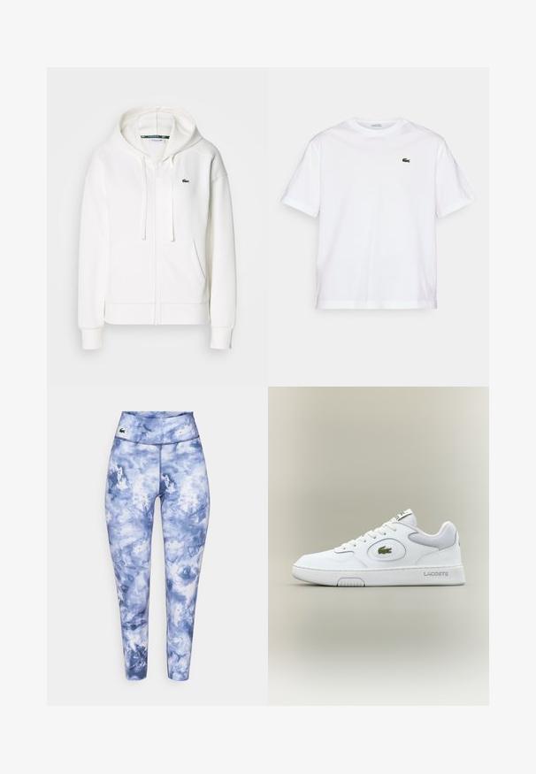 Fehér cipzáras kapucnis pulóver, puha anyagból, kapucnival, kenguru zsebekkel és egy kis zöld Lacoste logóval a bal mellen.; Fehér pamut póló, kerek nyakkivágással és rövid ujjakkal. A mellkason zöld hímzett logóval rendelkezik. Puha tapintású, laza szabású.; Feszes leggings kék batikolt mintával, rugalmas anyagból készült. Széles derékpánttal és egy kis márkajelzéssel az elején rendelkezik.; Fehér bőr sneaker hálós részletekkel, kerek orral és lapos fűzőkkel. Zöld krokodil logóval és "LACOSTE" felirattal a saroknál.