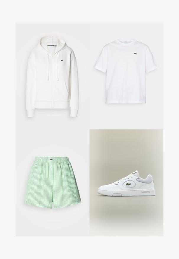 Sweatshirt branca com fecho éclair, feita de um tecido macio, com capuz, bolsos tipo canguru e um pequeno logótipo verde da Lacoste no lado esquerdo do peito.; T-shirt de algodão branco com decote redondo e mangas curtas. Apresenta um logotipo bordado verde no peito. Textura suave, ajuste relaxado.; Calções listrados verdes e brancos com uma cintura elástica, apresentando um fecho frontal com botão e um pequeno logótipo na cintura.; Sapatilha de couro branco com detalhes em malha, bico redondo e atacadores planos. Apresenta um logo de crocodilo verde e a marca "LACOSTE" no calcanhar.