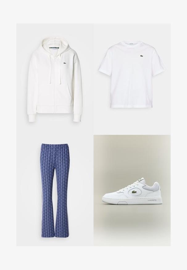 Balta užtrauktuku uždaroma hoodie pagaminta iš minkštos medžiagos, su kapišonu, kengūros kišenėmis ir mažuoju žaliuoju Lacoste logotipu kairėje krūtinės pusėje.; Balta medvilninė marškinė su apvalia iškirpte ir trumpomis rankovėmis. Pirmoje pusėje priklijuotas žalias siuvinėtas logotipas. Minkšta tekstūra, laisvas siluetas.; Mėlyni raštuoti platėjantys kelnių modeliai su geometriniu dizainu, elastinga juosta ir baltais šonų dryžiais. Visame paviršiuje lygus tekstūras.; Balti odiniai sportbačiai su tinkliniu akcentu, apvaliu nosiu ir plokščiomis raištelėmis. Ant kulno yra žalias krokodilo logotipas ir "LACOSTE" prekės ženklas.