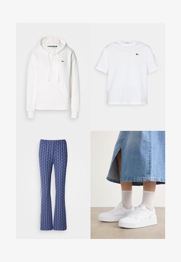 Bela zip-up kapuca iz mehkega materiala, z kapuco, kenguru žepi in majhnim zelenim Lacoste logotipom na levi strani prsnega koša.; Bela bombažna majica s krožno ovratnikom in kratkimi rokavi. Ima zeleno vezeno logo na prsih. Mehka tekstura, sproščen kroj.; Modre hlače s širokimi hlačnicami in geometrijskim vzorcem, elastičnim pasom in belimi črtami ob straneh. Gladka tekstura po celotni dolžini.; Bele superge iz teksturirane usnjene tkanine, s platformo, okroglo konico in sistemom vezalk; v kombinaciji s svetlo sivojumičnimi nogavicami in kavbojskimi krilom.