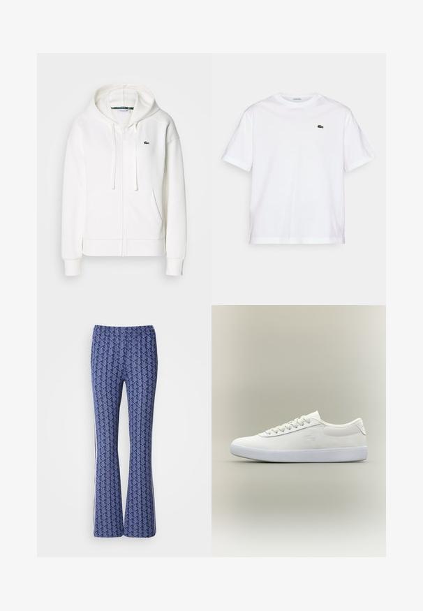 Balts zip-up kapuci džemperis, izgatavots no mīkstas auduma, ar kapuci, kangoru kabatām un mazu zaļu Lacoste logotipu kreisajā krūtī.; Balta kokvilnas T-kreklu ar apaļu kakla izgriezumu un īsām piedurknēm. Uz krūtīm ir zaļš izšūts logotips. Mīksta tekstūra, brīvi pieguļošs fasona.; Zilās rakstainās izplešanās bikses ar ģeometrisku dizainu, elastīgu jostu un baltām svītrām sānos. Gluda tekstūra visā bikses virsmā.; Zemi augstuma baltas ādas sneakers ar baltām mežģīnēm un teksturētu baltu zoli, attēlots profila skatījumā uz vienkārša neitrāla fona.