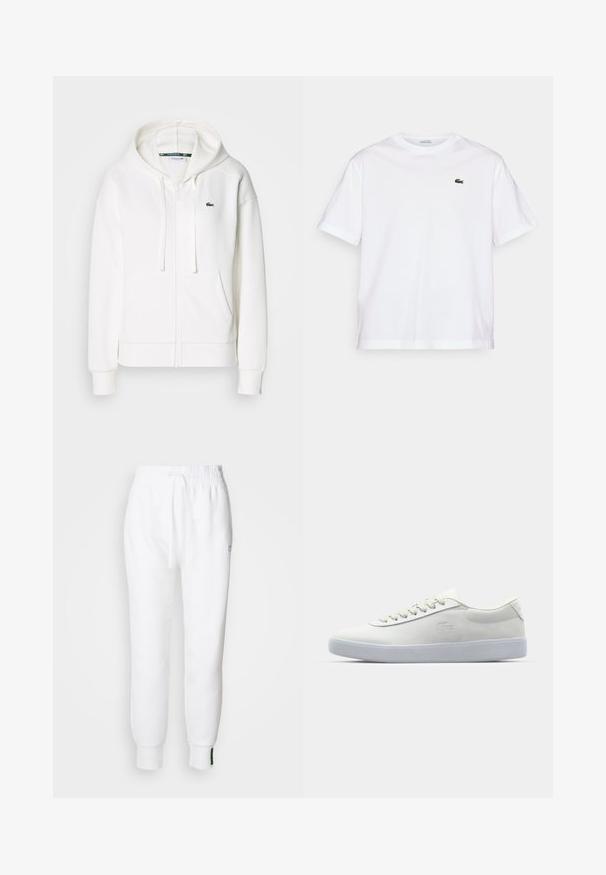 Valkoinen vetoketjuhuppari, joka on valmistettu pehmeästä kankaasta. Tässä hupparissa on huppu, kengurupocketit ja pieni vihreä Lacosten logo vasemmalla rinnalla.; Valkoinen puuvillainen T-paita, jossa on pyöreä pääntie ja lyhyet hihat. Rintataskussa vihreä brodeerattu logo. Pehmeä rakenne, rento istuvuus.; Valkoiset juoksuhousut, joissa on elastinen vyötärö ja nauhakuja, sivutaskut ja ribatut hihnat. Pehmeä kangas, jossa on brodeerattu logo.; Lacoste valkoinen lenkkari, jossa on sileä nahkapinta, litteät nauhat, pehmustettu kaulus ja teksturoitu kumipohja. Hienovarainen logo sivussa.