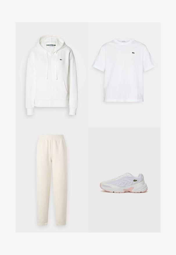 Witte zip-up hoodie gemaakt van zachte stof, met een capuchon, kangoeroezakken en een klein groen Lacoste-logo op de linkerborst.; Witte katoenen T-shirt met een ronde hals en korte mouwen. Bevat een groen geborduurd logo op de borst. Zachte textuur, losse pasvorm.; Crème-kleurige sweatpants gemaakt van zachte stof. Bevat een elastische tailleband en een taps toelopend ontwerp met subtiele stikdetails.; Witte sportieve schoenen met een gestructureerde mesh bovenwerk, subtiele roze accenten op de zool en een groene krokodil logo op de zijkant.