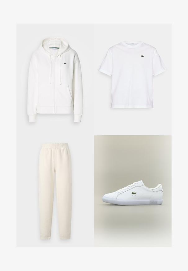 Biała bluza z kapturem na zamek, wykonana z miękkiego materiału, z kapturem, kieszeniami typu kangur i małym zielonym logo Lacoste na lewym piersi.; Biała bawełniana koszulka z okrągłym dekoltem i krótkimi rękawami. Posiada zielone haftowane logo na piersi. Miękka tekstura, luźny krój.; Kremowe spodnie dresowe z miękkiego materiału. Posiadają elastyczny pasek w talii oraz zwężającą się nogawkę z delikatnymi detalami ściegów.; Białe niskie sneakersy z białymi sznurowadłami, zielonym logo krokodyla po boku i etykietą "Lacoste" na podeszwie na neutralnym tle.