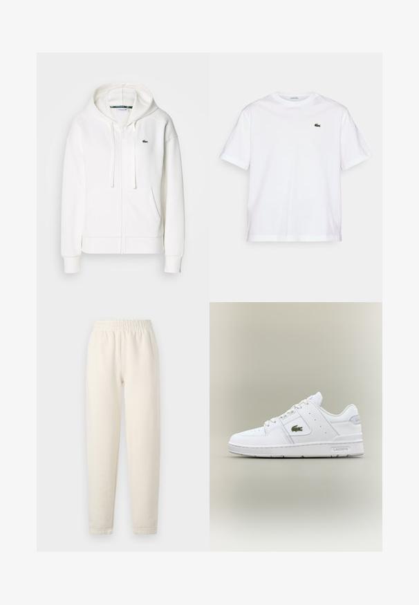 White zip-up hoodie made of soft fabric, featuring a hood, kangaroo pockets, and a small green Lacoste logo on the left chest.; White cotton T-shirt with a round neckline and short sleeves. Features a green embroidered logo on the chest. Soft texture, relaxed fit.; Cream-colored sweatpants made of soft fabric. Features an elastic waistband and tapered leg design with subtle stitching details.; White leather sneaker with a smooth texture, round toe, perforated details, a green crocodile logo, and "Lacoste" branding on the side.