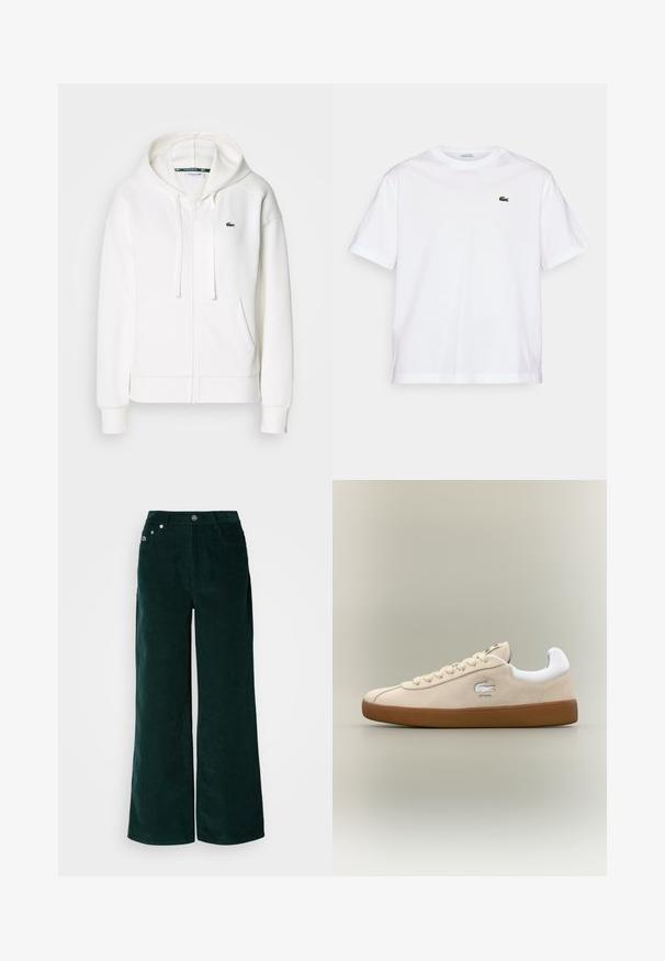Witte zip-up hoodie gemaakt van zachte stof, met een capuchon, kangoeroezakken en een klein groen Lacoste-logo op de linkerborst.; Witte katoenen T-shirt met een ronde hals en korte mouwen. Bevat een groen geborduurd logo op de borst. Zachte textuur, losse pasvorm.; Wijde corduroy broek in donkergroen, met een gestructureerd oppervlak, voorkruiken en metalen knoopsluiting. Geen zichtbare versieringen.; Beige suède sneaker met witte accenten en rubberen zool. Beschikt over een verhoogd logo aan de zijkant en contrasterende beige veters. Klassiek ontwerp.