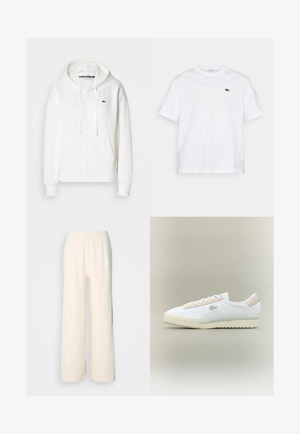 Witte zip-up hoodie gemaakt van zachte stof, met een capuchon, kangoeroezakken en een klein groen Lacoste-logo op de linkerborst.; Witte katoenen T-shirt met een ronde hals en korte mouwen. Bevat een groen geborduurd logo op de borst. Zachte textuur, losse pasvorm.; Lacoste Trainingsbroek - lapland; Witte leren sneaker met een beige suède accent. Kenmerken zijn een ronde neus, platte veters en een gestructureerde zool. Lacoste-logo aan de zijkant.