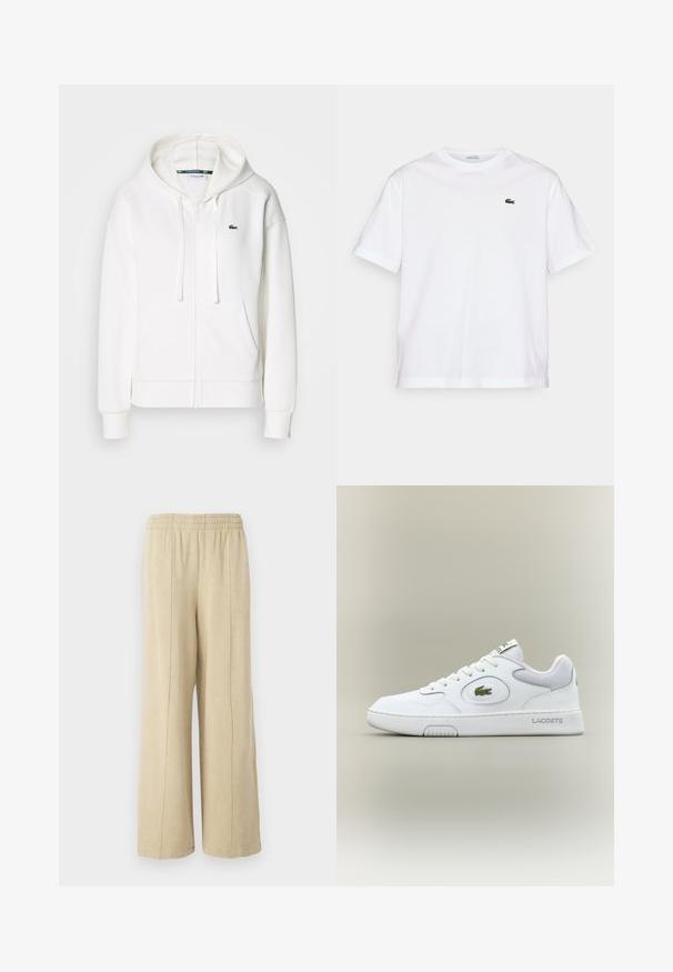 Balta užtrauktuku uždaroma hoodie pagaminta iš minkštos medžiagos, su kapišonu, kengūros kišenėmis ir mažuoju žaliuoju Lacoste logotipu kairėje krūtinės pusėje.; Balta medvilninė marškinė su apvalia iškirpte ir trumpomis rankovėmis. Pirmoje pusėje priklijuotas žalias siuvinėtas logotipas. Minkšta tekstūra, laisvas siluetas.; Šviesiai rusvos plataus kirpimo kelnės su elastinga juosmena ir matomomis šoninėmis siūlėmis. Pagamintos iš minkštos medžiagos su lygiu paviršiumi.; Balti odiniai sportbačiai su tinkliniu akcentu, apvaliu nosiu ir plokščiomis raištelėmis. Ant kulno yra žalias krokodilo logotipas ir "LACOSTE" prekės ženklas.