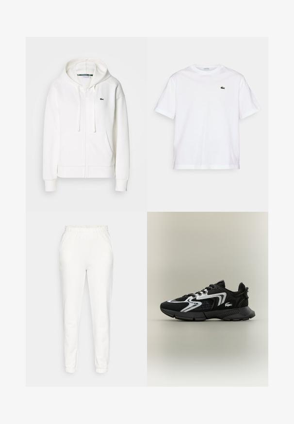 Balts zip-up kapuci džemperis, izgatavots no mīkstas auduma, ar kapuci, kangoru kabatām un mazu zaļu Lacoste logotipu kreisajā krūtī.; Balta kokvilnas T-kreklu ar apaļu kakla izgriezumu un īsām piedurknēm. Uz krūtīm ir zaļš izšūts logotips. Mīksta tekstūra, brīvi pieguļošs fasona.; Baltas saīsināti sporta bikses ar elastīgu jostasvietu un aprocēm, ar sānu kabatām, izvietotas uz vienkārša fona.; Melni sporta apavi ar sietiņa ieliktņiem, sudraba akcentiem un struktūru melnā krāsā. Īpaši iezīmes - šņorītes un izliekta, izturīga zole.