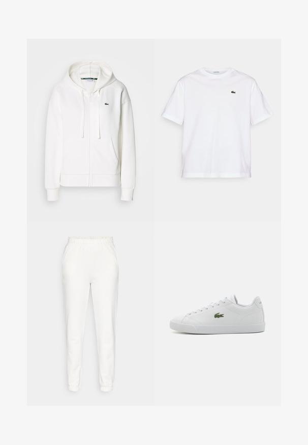 Bela zip-up kapuca iz mehkega materiala, z kapuco, kenguru žepi in majhnim zelenim Lacoste logotipom na levi strani prsnega koša.; Bela bombažna majica s krožno ovratnikom in kratkimi rokavi. Ima zeleno vezeno logo na prsih. Mehka tekstura, sproščen kroj.; Beli stisnjeni trenirki z elastičnim pasom in manšetami, ki imata stranske žepe, prikazani na enobarvni podlagi.; Beli usnjeni copat z zaobljenim nosom, zasnovo z vezalkami, zeleno izvezeno krokodilovo logo in teksturirano gumijasto podplat.