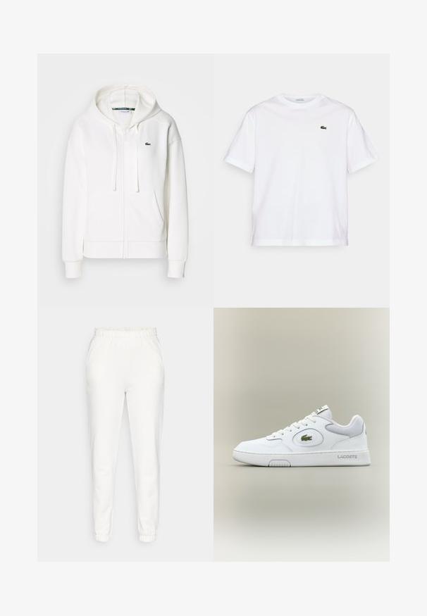 Balta užtrauktuku uždaroma hoodie pagaminta iš minkštos medžiagos, su kapišonu, kengūros kišenėmis ir mažuoju žaliuoju Lacoste logotipu kairėje krūtinės pusėje.; Balta medvilninė marškinė su apvalia iškirpte ir trumpomis rankovėmis. Pirmoje pusėje priklijuotas žalias siuvinėtas logotipas. Minkšta tekstūra, laisvas siluetas.; Baltos siaurėjantys treningai su elastingu liemeniu ir rankogaliais, su šoninėmis kišenėmis, pateikti ant vientisos fono.; Balti odiniai sportbačiai su tinkliniu akcentu, apvaliu nosiu ir plokščiomis raištelėmis. Ant kulno yra žalias krokodilo logotipas ir "LACOSTE" prekės ženklas.