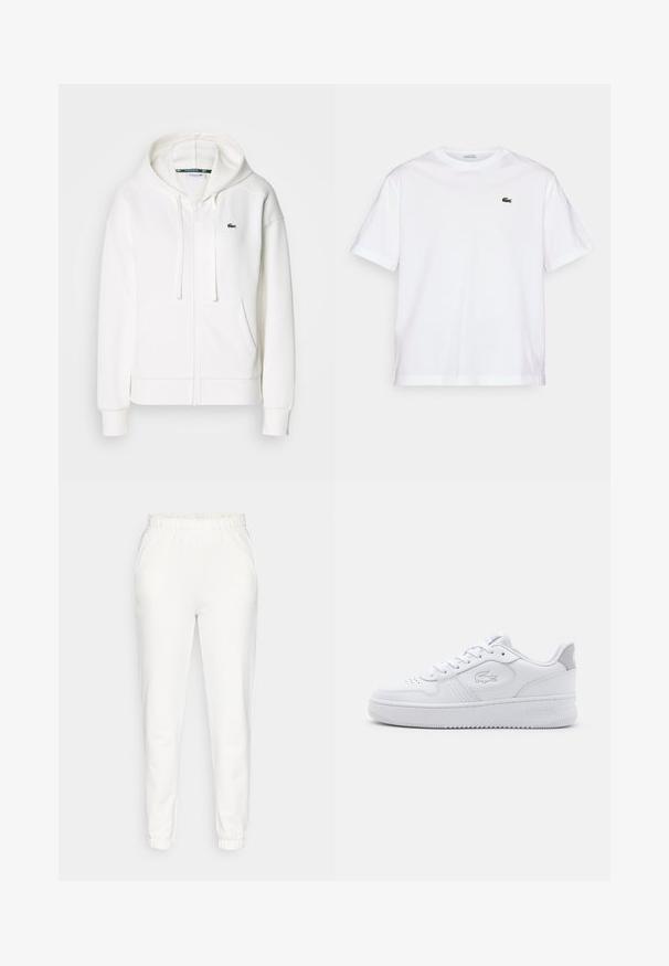Bela zip-up kapuca iz mehkega materiala, z kapuco, kenguru žepi in majhnim zelenim Lacoste logotipom na levi strani prsnega koša.; Bela bombažna majica s krožno ovratnikom in kratkimi rokavi. Ima zeleno vezeno logo na prsih. Mehka tekstura, sproščen kroj.; Beli stisnjeni trenirki z elastičnim pasom in manšetami, ki imata stranske žepe, prikazani na enobarvni podlagi.; Bela atletska tenisica z gladkim usnjenim zgornjim delom, okroglo kapico in vezalnim zapiranjem. Ima embosirano logo in sivo oznako na peti. Ravna gumijasta podplat.