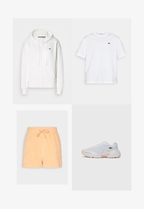 Bela zip-up kapuca iz mehkega materiala, z kapuco, kenguru žepi in majhnim zelenim Lacoste logotipom na levi strani prsnega koša.; Bela bombažna majica s krožno ovratnikom in kratkimi rokavi. Ima zeleno vezeno logo na prsih. Mehka tekstura, sproščen kroj.; Breskve barve kratke hlače iz frotirja z elastiko in vrvico za zategovanje. Imajo mehak teksturiran material in sproščen kroj.; Bele športne čevlje z teksturirano mrežasto zgornjim delom, subtilnimi rožnatimi akcenti na podplatu in zelenim krokodilovim logotipom na strani.