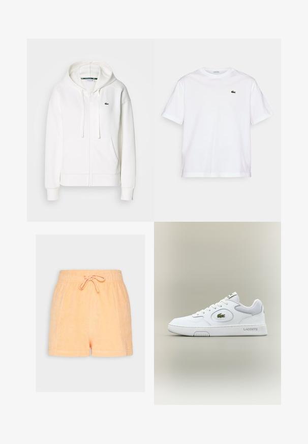 Fehér cipzáras kapucnis pulóver, puha anyagból, kapucnival, kenguru zsebekkel és egy kis zöld Lacoste logóval a bal mellen.; Fehér pamut póló, kerek nyakkivágással és rövid ujjakkal. A mellkason zöld hímzett logóval rendelkezik. Puha tapintású, laza szabású.; Barack színű frottír rövidnadrág, elasztikus derékrésszel és zsinórral. Puha tapintású és laza szabású.; Fehér bőr sneaker hálós részletekkel, kerek orral és lapos fűzőkkel. Zöld krokodil logóval és "LACOSTE" felirattal a saroknál.