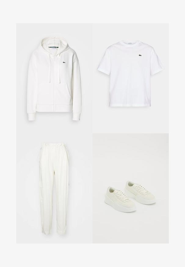 Witte zip-up hoodie gemaakt van zachte stof, met een capuchon, kangoeroezakken en een klein groen Lacoste-logo op de linkerborst.; Witte katoenen T-shirt met een ronde hals en korte mouwen. Bevat een groen geborduurd logo op de borst. Zachte textuur, losse pasvorm.; Crème kleurige broek met een elastische tailleband, zijzakken en een losse pasvorm. Gemaakt van een zachte stof met een gladde textuur.; Witte lage sneakers met dikke zolen en veters, voorzien van geperforeerde details aan de zijkanten en de neus, weergegeven op een witte achtergrond.