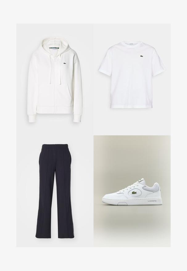White zip-up hoodie made of soft fabric, featuring a hood, kangaroo pockets, and a small green Lacoste logo on the left chest.; White cotton T-shirt with a round neckline and short sleeves. Features a green embroidered logo on the chest. Soft texture, relaxed fit.; Lacoste Tracksuit bottoms - abysm; White leather sneaker with mesh accents, round toe, and flat laces. Features a green crocodile logo and "LACOSTE" branding on the heel.