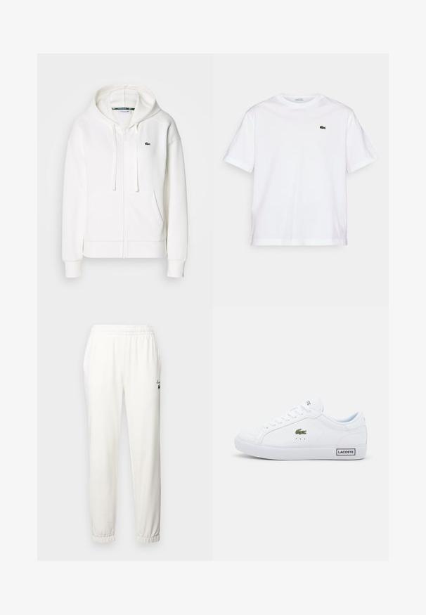 Bela zip-up kapuca iz mehkega materiala, z kapuco, kenguru žepi in majhnim zelenim Lacoste logotipom na levi strani prsnega koša.; Bela bombažna majica s krožno ovratnikom in kratkimi rokavi. Ima zeleno vezeno logo na prsih. Mehka tekstura, sproščen kroj.; Bele trenirke z elastikim pasom, ožjim manžetama in majhnim zelenim logotipom na levem stegnu. Narejene iz mehkega, strukturiranega materiala.; Bela Lacoste teniske z zgornjim delom iz teksturirane usnja, ravnimi vezalkami, zelenim krokodilom ter črnim oznako "LACOSTE" na peti.