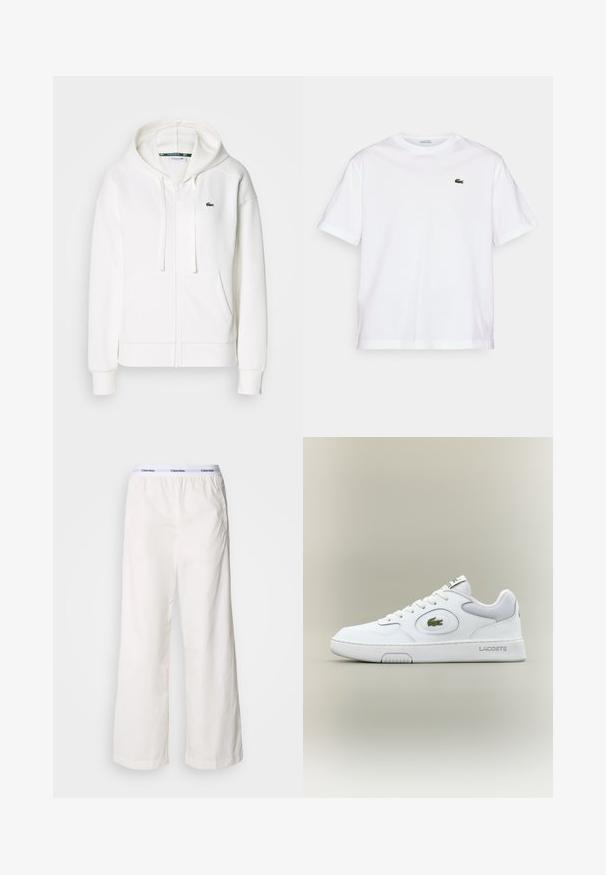 Felpa bianca con zip realizzata in tessuto morbido, dotata di cappuccio, tasche a marsupio e un piccolo logo verde di Lacoste sul lato sinistro del petto.; T-shirt bianco in cotone con scollo rotondo e maniche corte. Caratterizzato da un logo ricamato verde sul petto. Tessuto morbido, vestibilità comoda.; Pantaloni bianchi a gamba larga con una fascia elastica in vita che presenta un logo Calvin Klein a contrasto. Realizzati in un tessuto morbido, offrono una vestibilità comoda.; Sneaker bianca in pelle con accenti in rete, punta tonda e lacci piatti. Presenta un logo in coccodrillo verde e il marchio "LACOSTE" sul tallone.