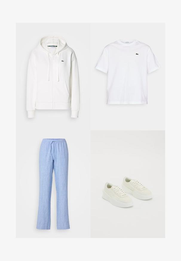Bela zip-up kapuca iz mehkega materiala, z kapuco, kenguru žepi in majhnim zelenim Lacoste logotipom na levi strani prsnega koša.; Bela bombažna majica s krožno ovratnikom in kratkimi rokavi. Ima zeleno vezeno logo na prsih. Mehka tekstura, sproščen kroj.; Samsøe Samsøe HOYS STRING TROUSERS - Hlače - mid blue; Bele nizke superge z debelimi podplati in vezalkami, ki imajo perforirane detajle na straneh in prednjem delu, prikazane na beli podlagi.