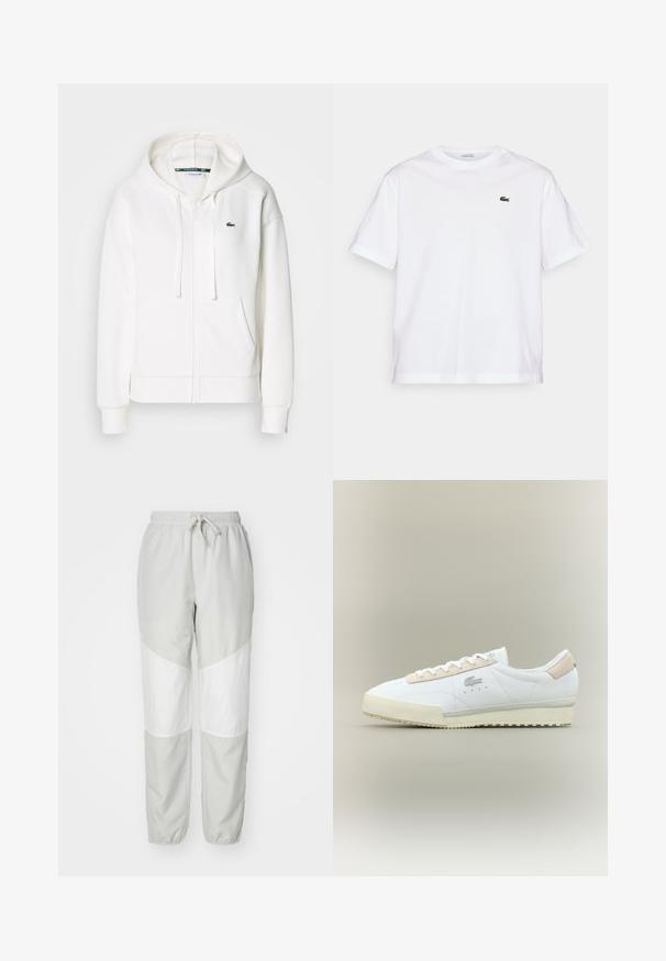 Bela zip-up kapuca iz mehkega materiala, z kapuco, kenguru žepi in majhnim zelenim Lacoste logotipom na levi strani prsnega koša.; Bela bombažna majica s krožno ovratnikom in kratkimi rokavi. Ima zeleno vezeno logo na prsih. Mehka tekstura, sproščen kroj.; Svetlo sivi trenirka z belimi diagonalnimi paneli, elastični pas z vrvico in elastičnimi manšeti na gležnjih. Gladek, lahek material.; Bela usnjena tekaška obutev z bež nobukom. Ima zaobljen prst, ravne vezalke in teksturiran podplat. Na strani je logo Lacoste.